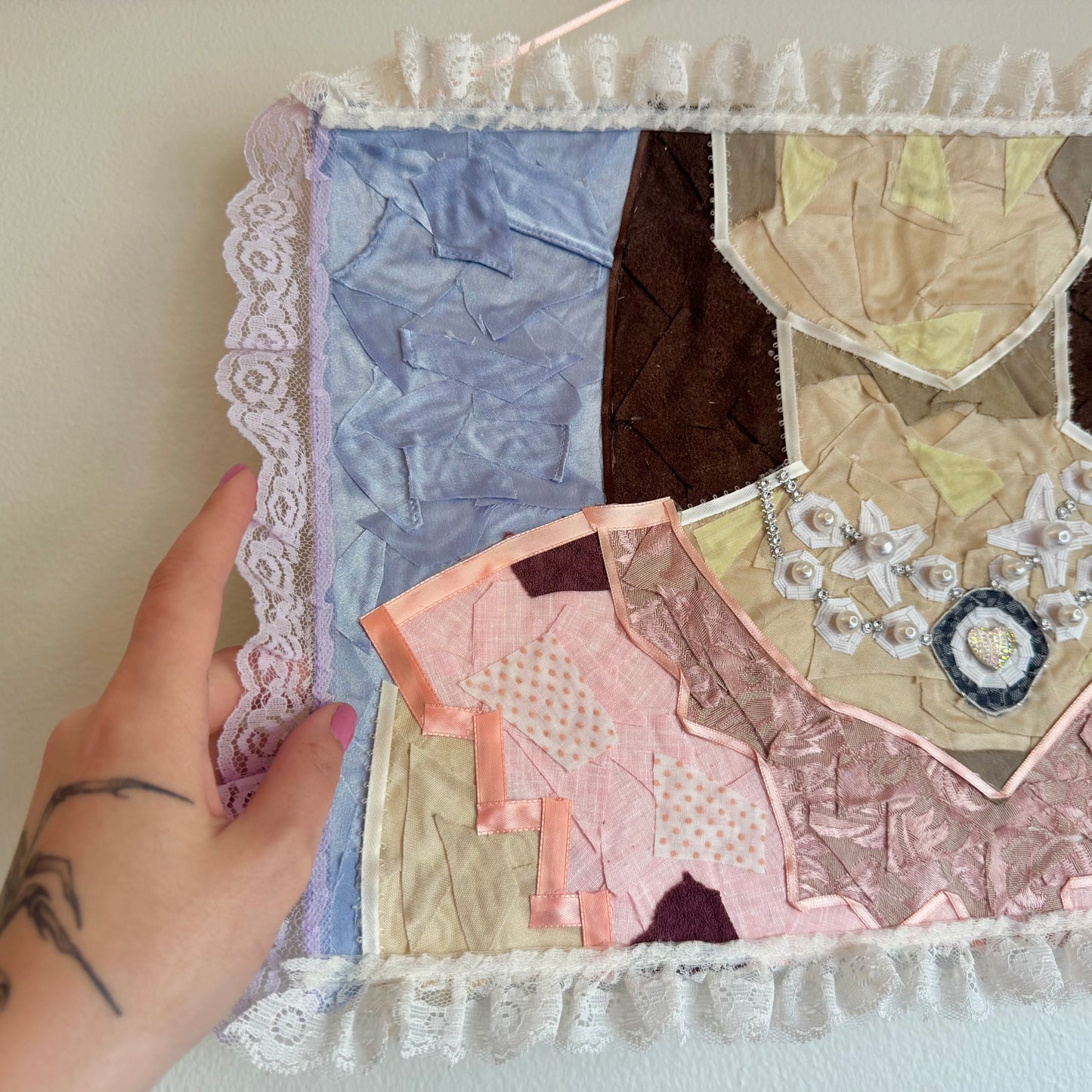 Girl With Pearl Necklace - Original Fabric Collage Artwork