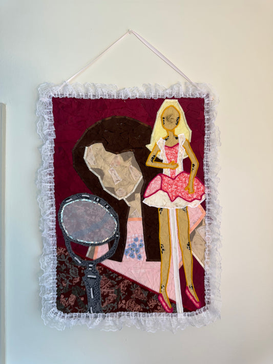 Original Artwork - Girl and Barbie Fabric Collage
